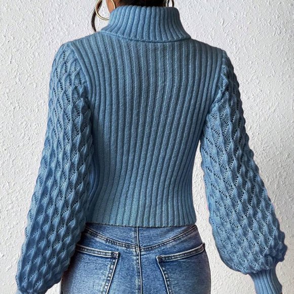 Blue Turtleneck Cut Out Sweater - Picture 3 of 4